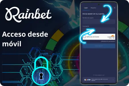 Pantalla de login de Rainbet en móvil con verificación Cloudflare y acceso seguro a la cuenta