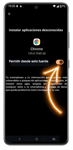 Configuración de Android para permitir la instalación de la APK de Rainbet desde fuentes desconocidas.