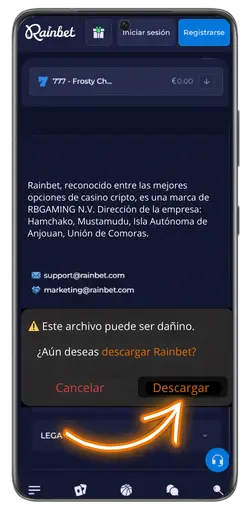 Descarga el archivo APK de Rainbet desde el sitio web oficial en tu dispositivo Android.