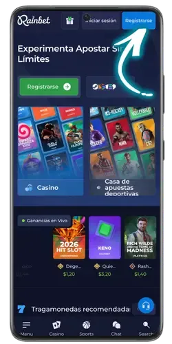 Página principal de Rainbet con el botón de registro