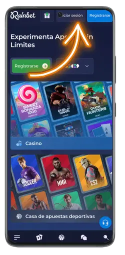 Pantalla de inicio de sesión y registro de la aplicación Rainbet en un dispositivo Android.