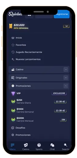 Menú de la aplicación móvil Rainbet
